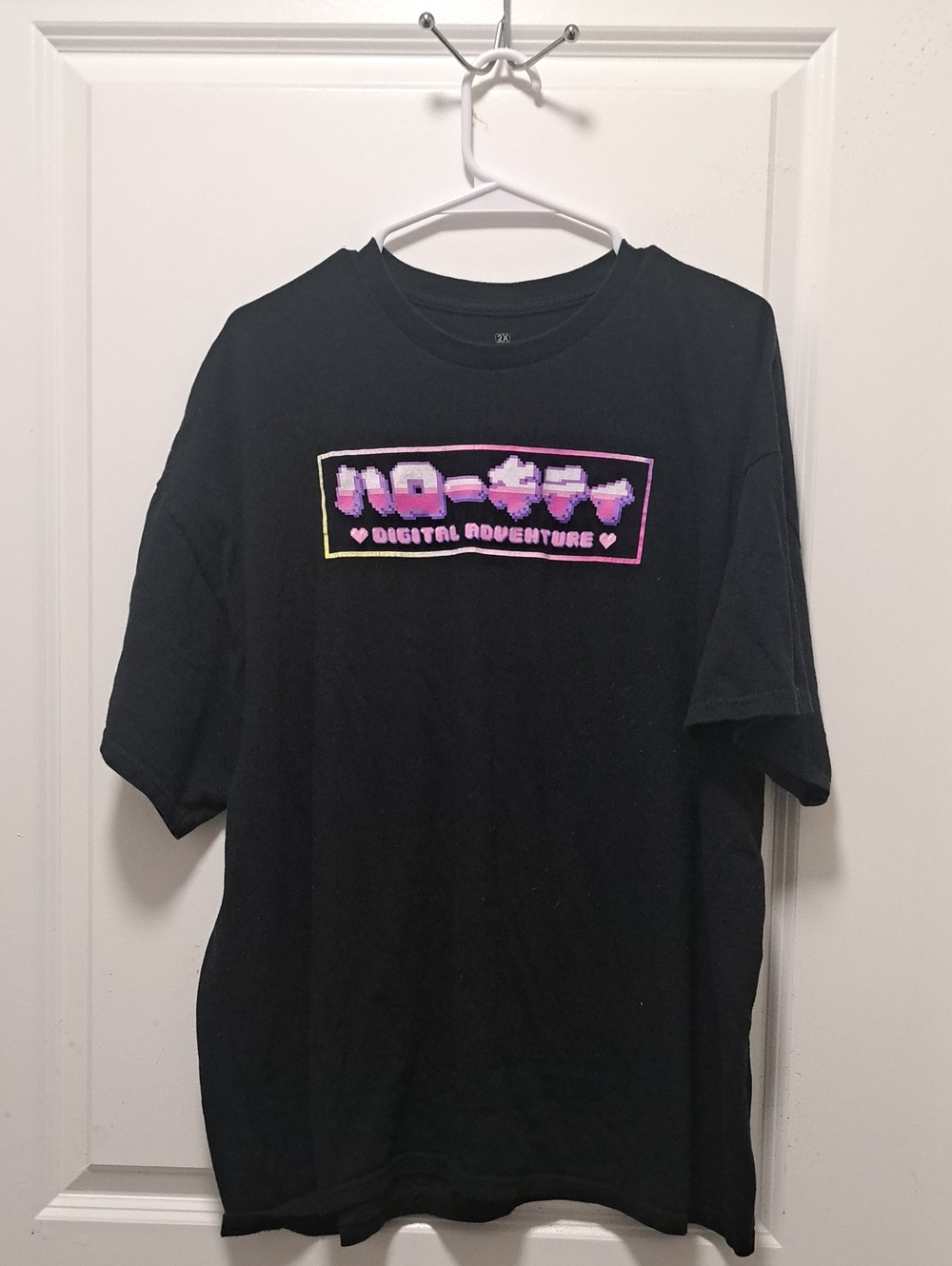 Hello Kitty Black Tee with Pink & Purple Pixel Graphic